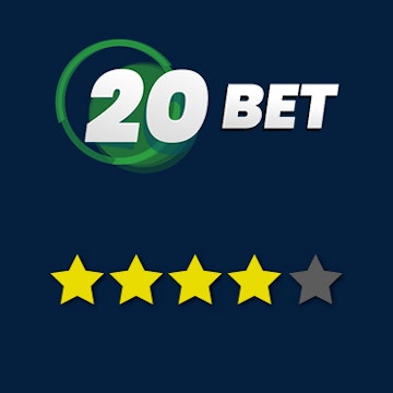20Bet logo og fire gule stjerner som vurdering