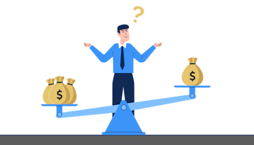 Illustrasjon av en ubesluttsom mann og en vekt med pengesekk på begge sider.