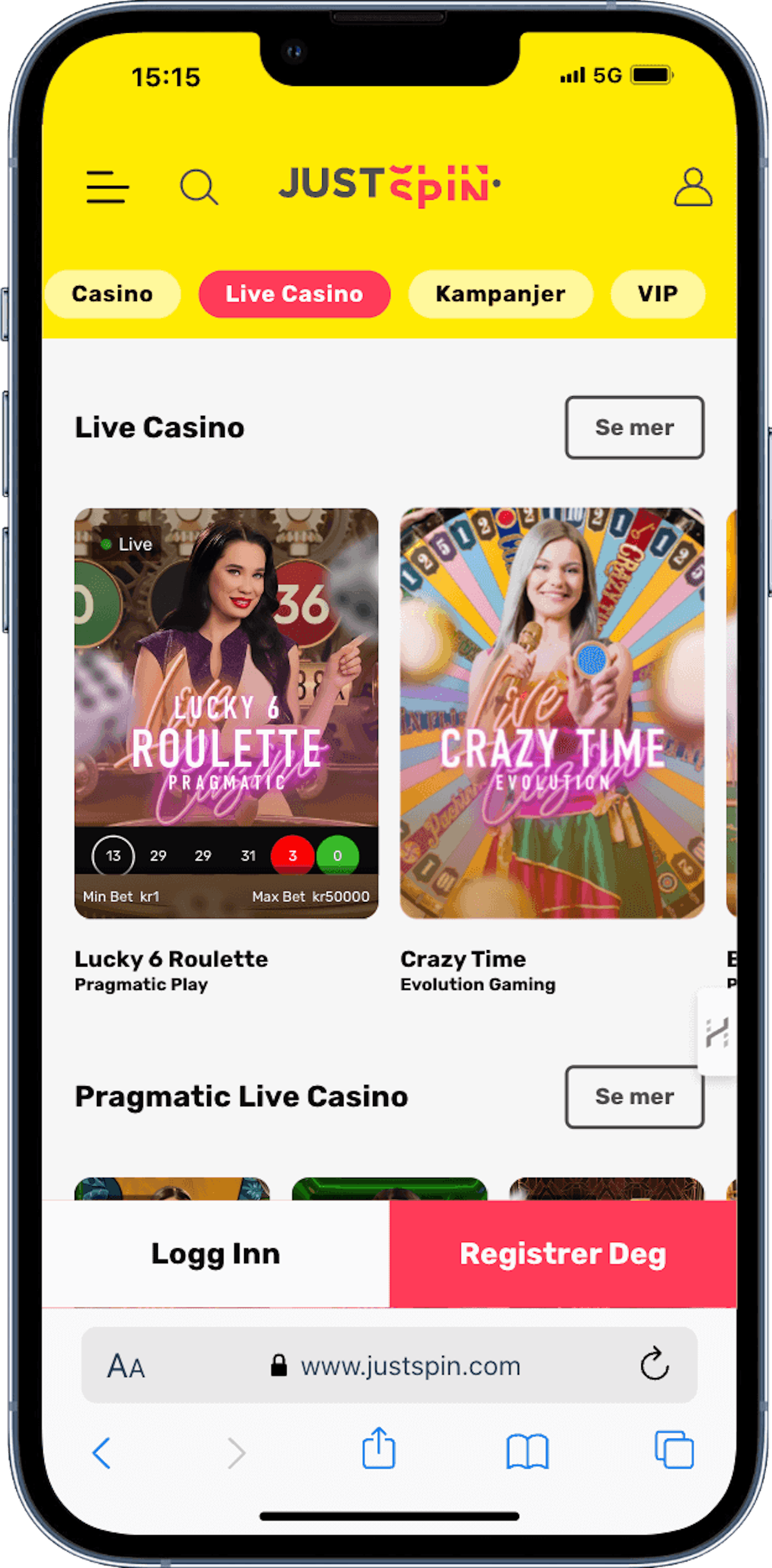 Just Spin live casino mobilversjon