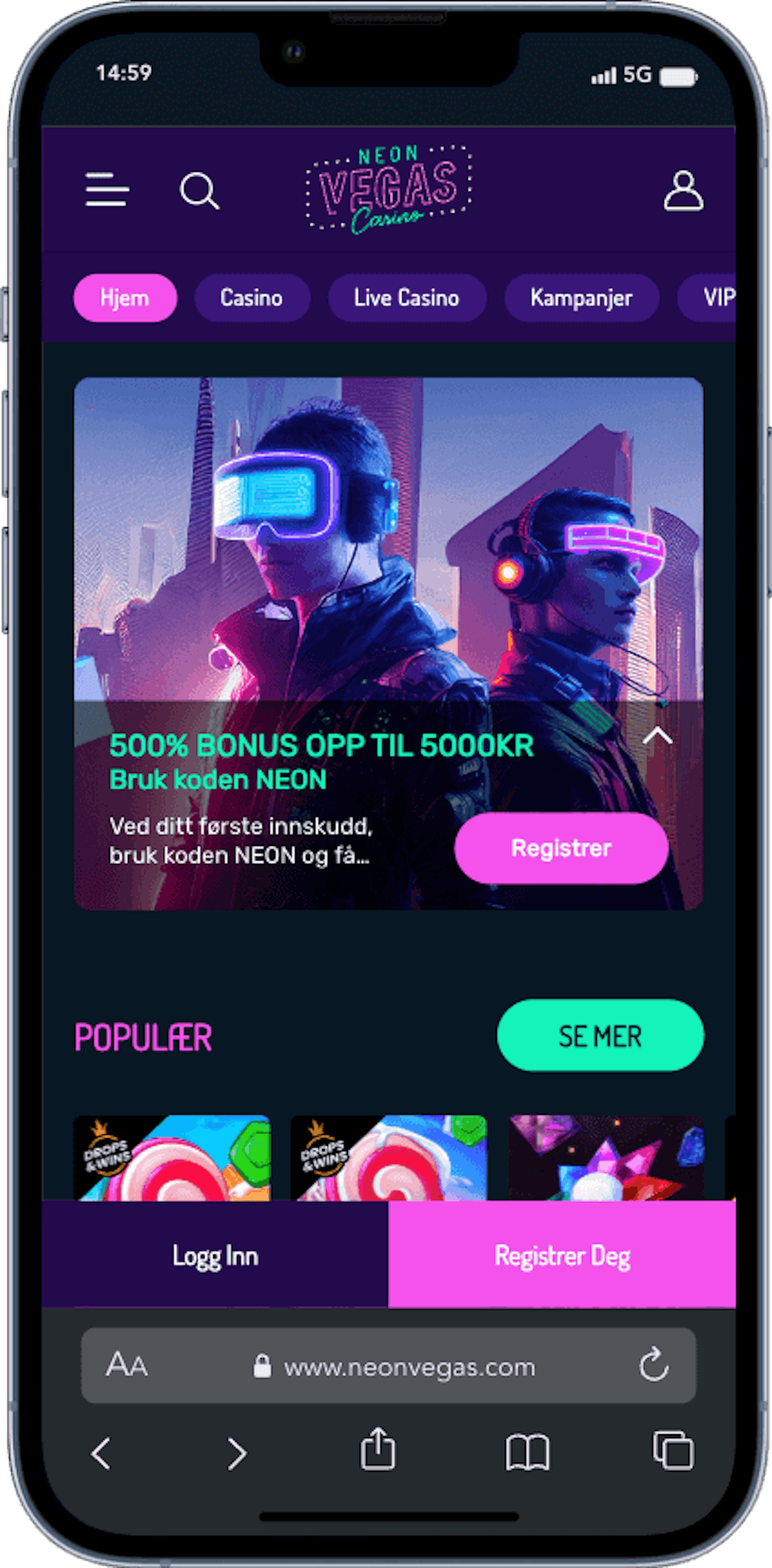 Neon Vegas Hjemmeside mobilvisning