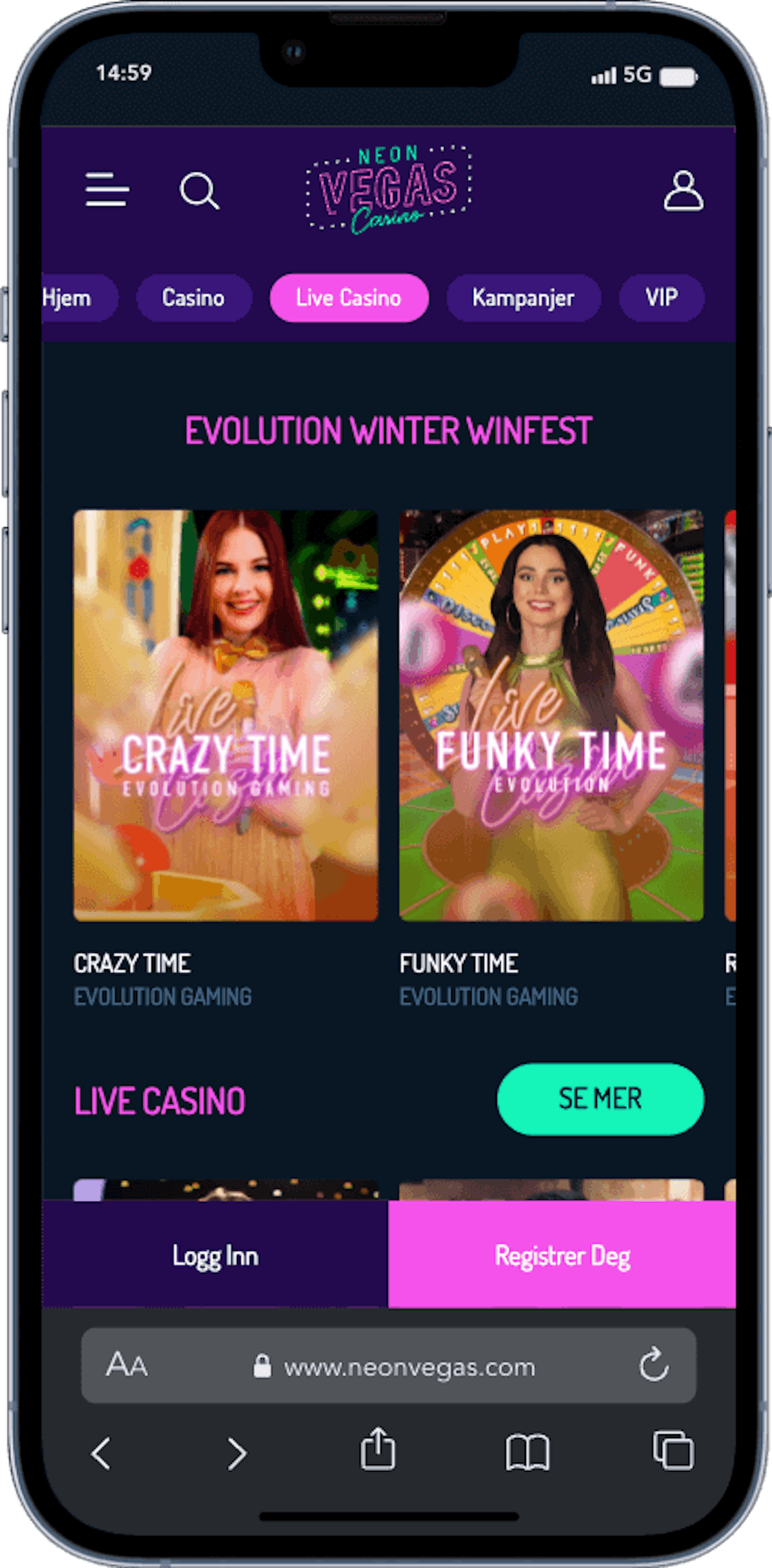 Neon Vegas Live Casino mobilvisning