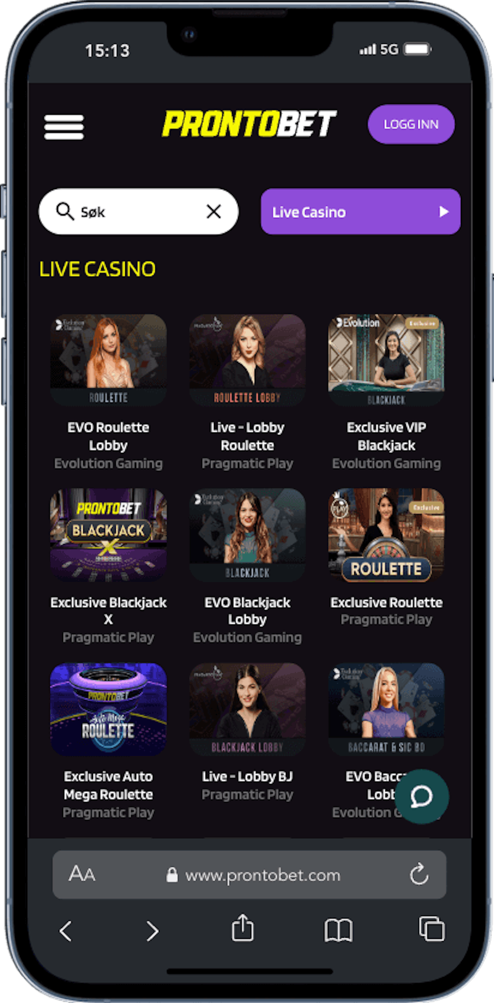 ProntoBet Live Casino mobilversjon