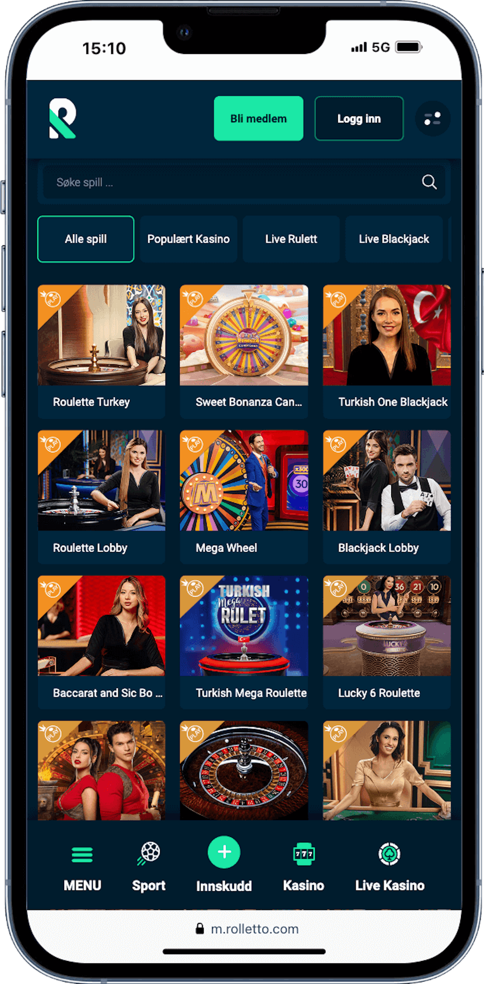 Rolletto live casino mobilversjon