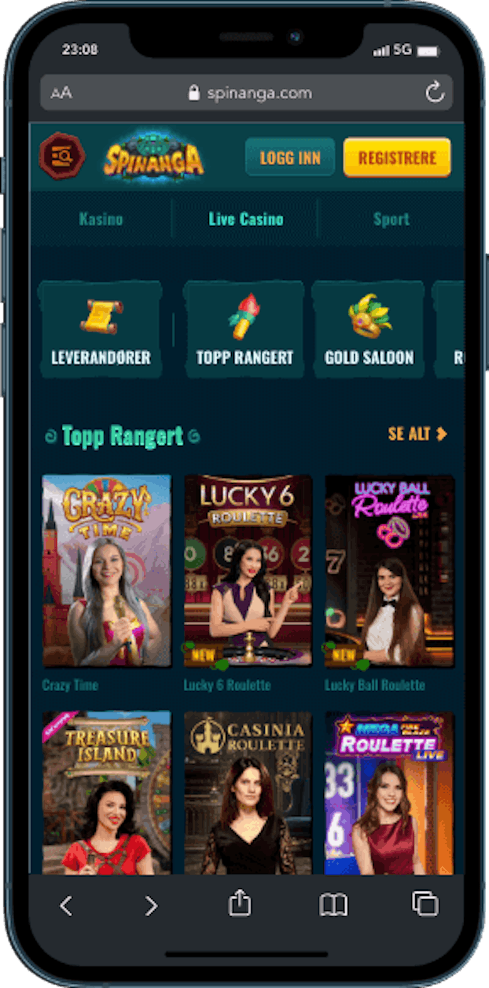 Spinanga Live casino mobilversjon
