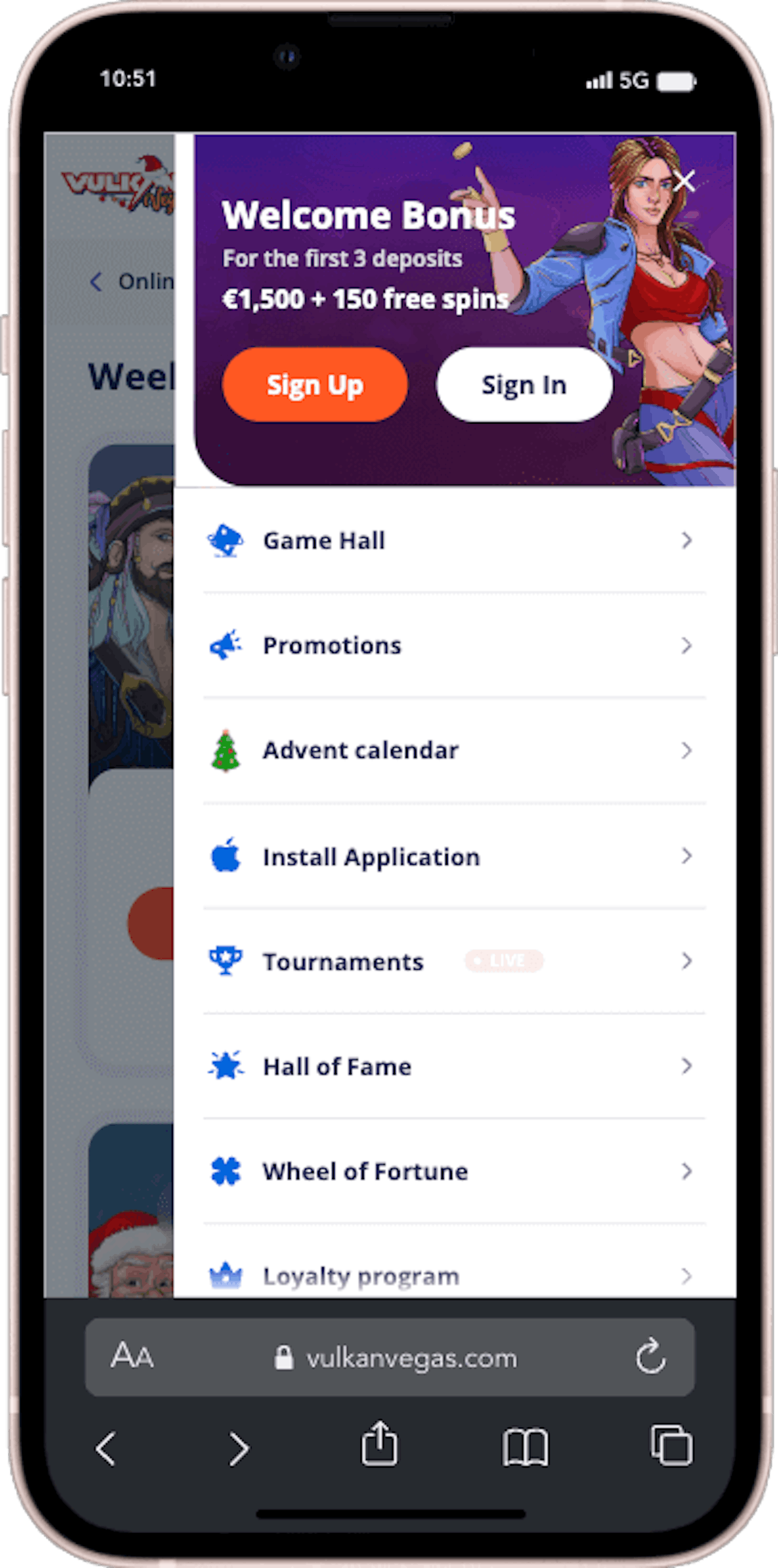 Vulkan Vegas meny pa mobil