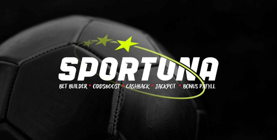 Promobilde som viser en fotball i bakgrunnen, Sportuna logo og deres tilbud på oddsspill.