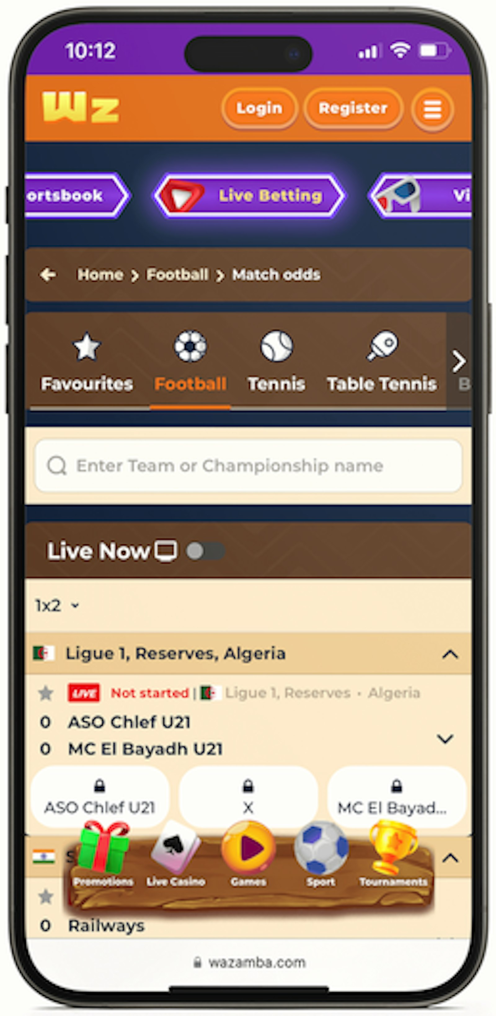 Wazamba Live Betting mobilversjon