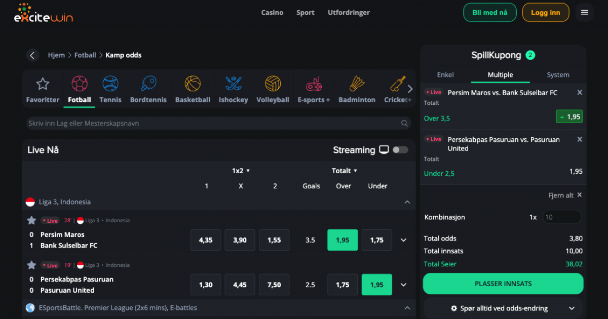 ExciteWin Live-odds näyttökuva