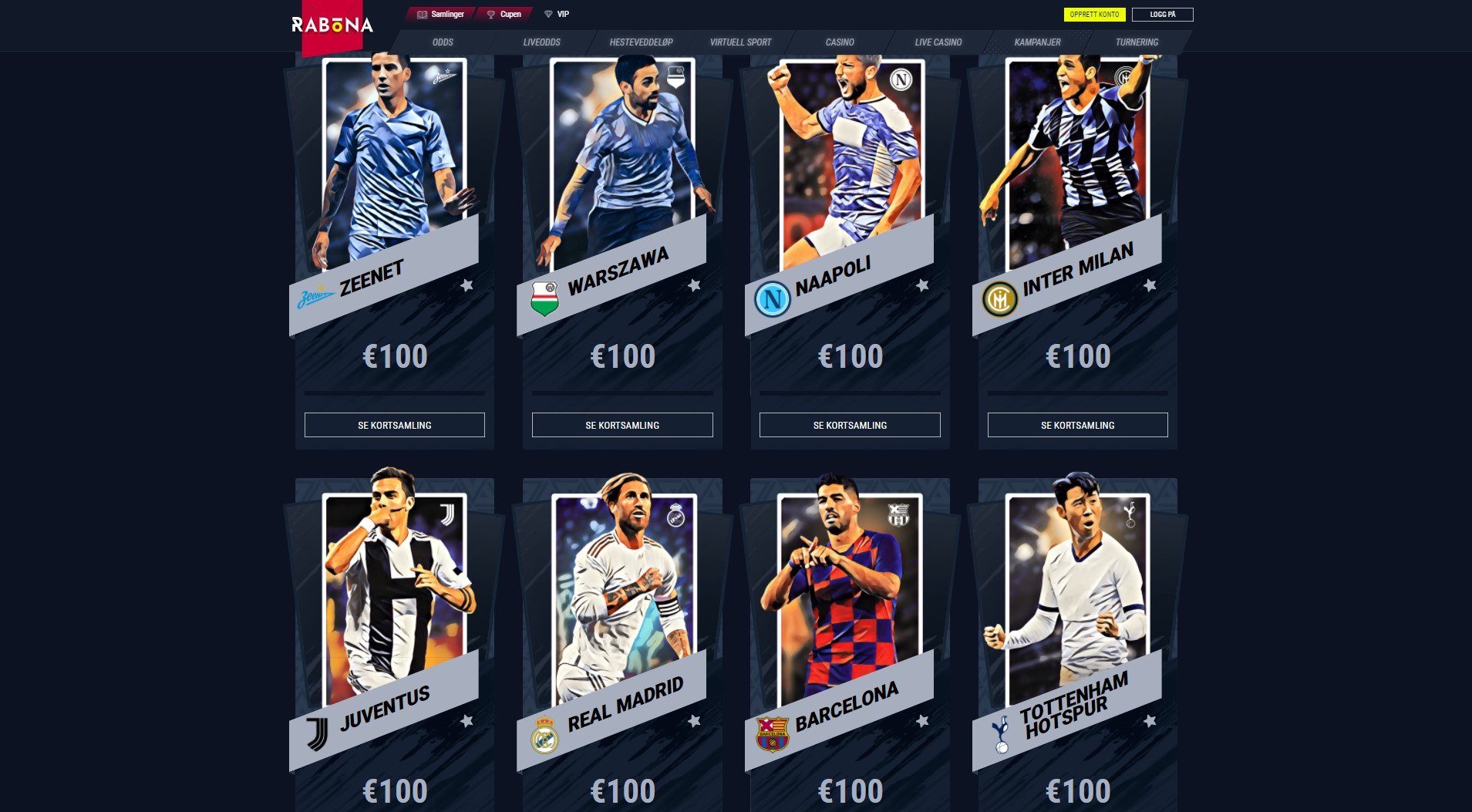 Innovative spillerkort hos Rabona